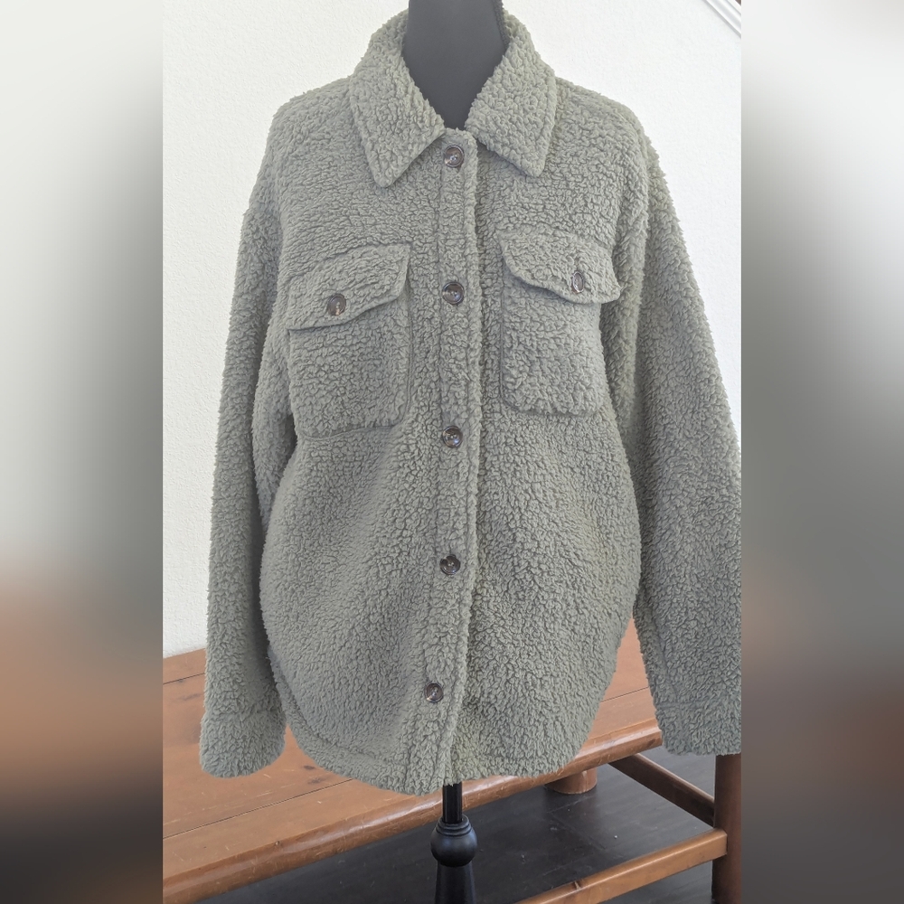 Free Country Butter Pile Sherpa Jacket Olive Button Front Shacket Womens Small